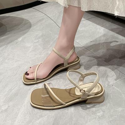 Sandales femmes 2025 nouveau talon bas talon épais talon carré français orteil fuyant mot avec vent doux fée talon haut chaussures romaines