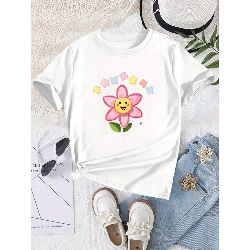 European sizes Girls' Printed Round Neck Short Sleeve T-Shirt, Printed Style, Comfortable Fit, Back to School Season