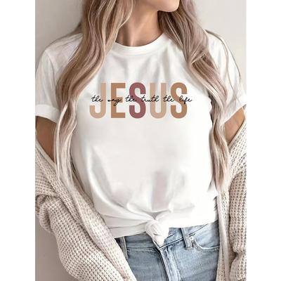 Europäische Größe Damen Lässiges Polyester-T-Shirt mit "JESUS" Buchstabenaufdruck, Kurzarm Rundhalsausschnitt Oberteil, Ganzjahres Strickstoff