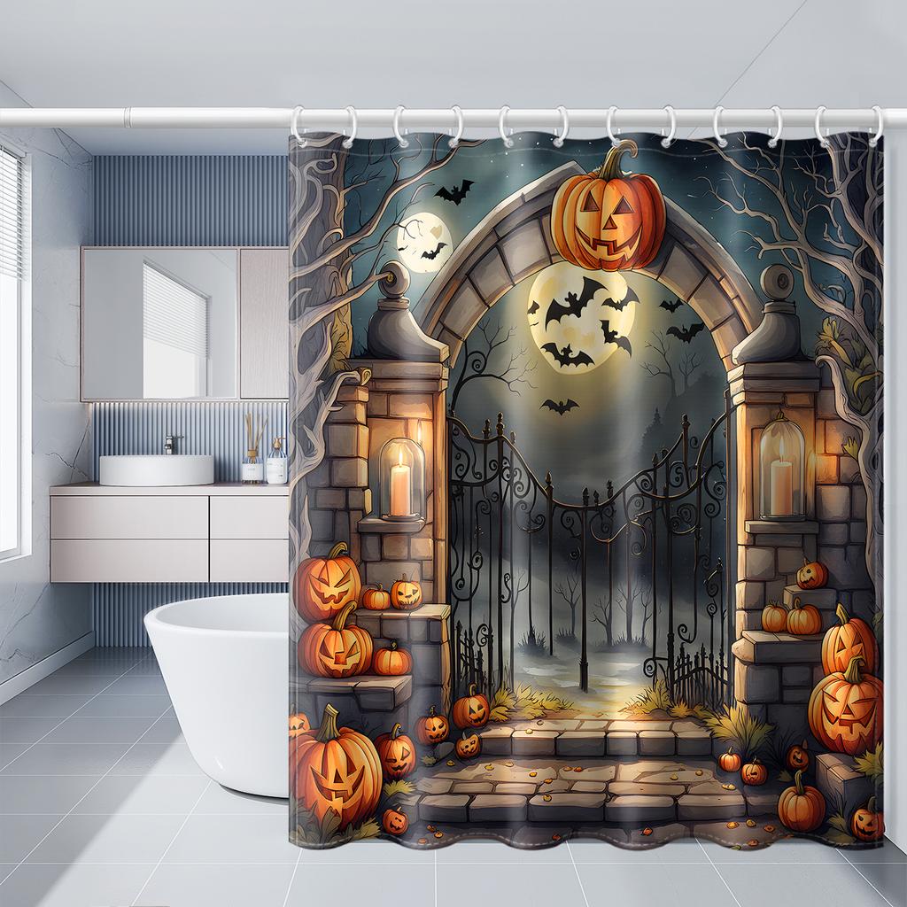 1pc Simulated Window Pumpkin Tree Halloween Bat Shower Curtain with Plastic Hooks, Decorated In Autumn and Winter Style