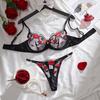 European & American Sexy Lingerie Set: Hot Red Lip Embroidered Mesh Satin Push-Up Bra with See-Through Panties