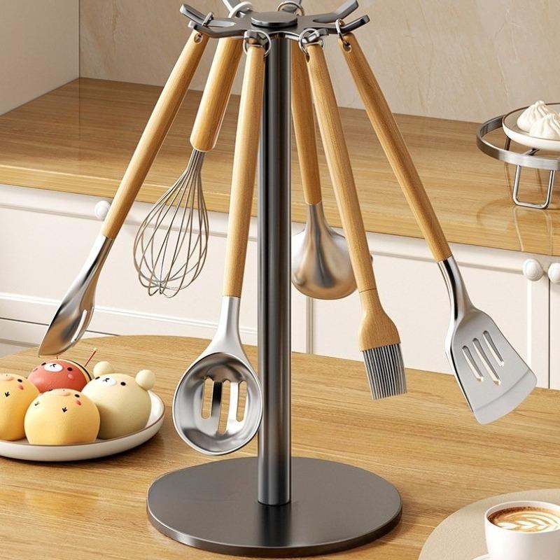 360° Rotating Kitchen Utensil Stand with 8 Hooks Countertop Cooking Utensils Storage Organizer Space-Saving Storage for Kitchen