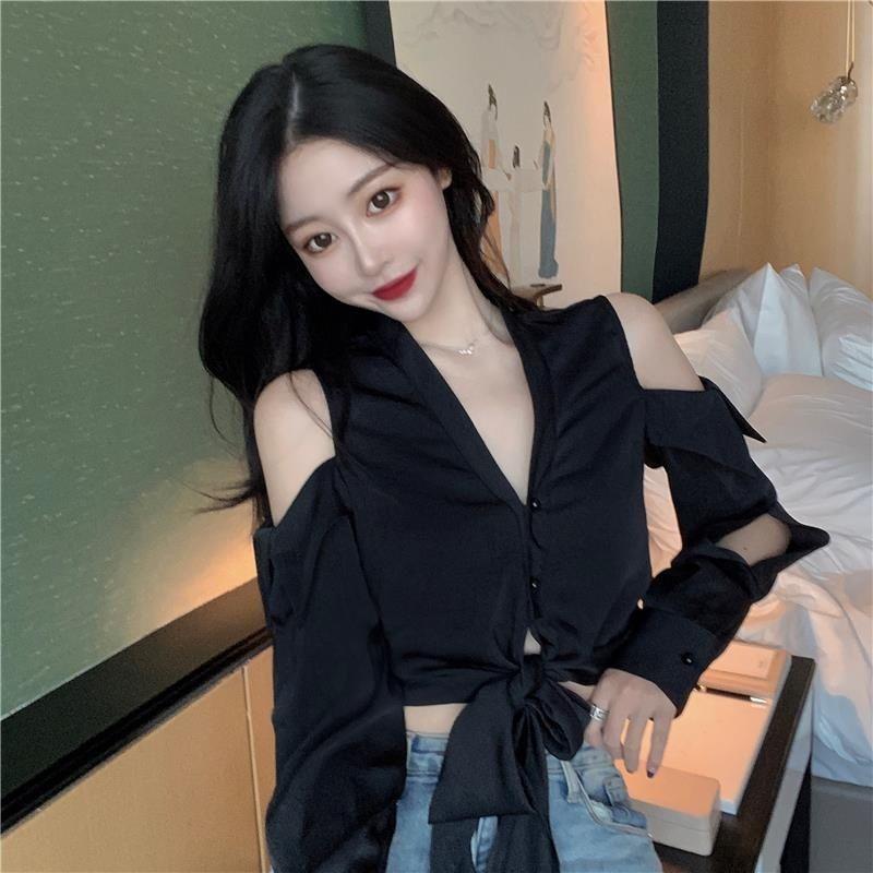 WTEMPO Off Shoulder Women Shirt Sexy V-neck Short French Style Chic Long Sleeve Shirt StreetWear Casual Top Blouse Women