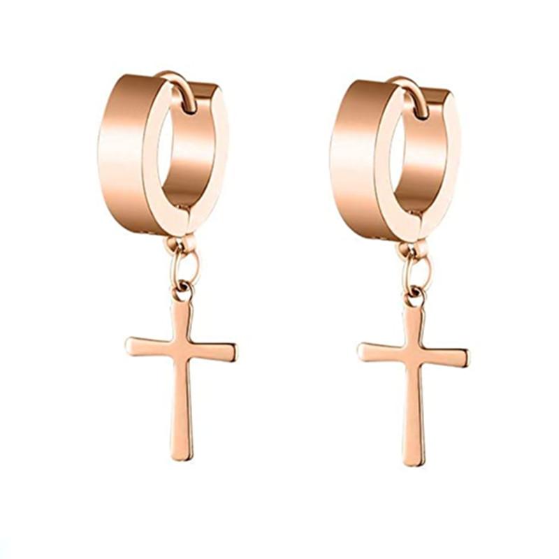 WKOUD 2PCS Stainless Steel No Piercing Cross For Men Kpop Clip On Cross Earring Gothic Punk Fake Ear Cuff Cross Earring Dangle