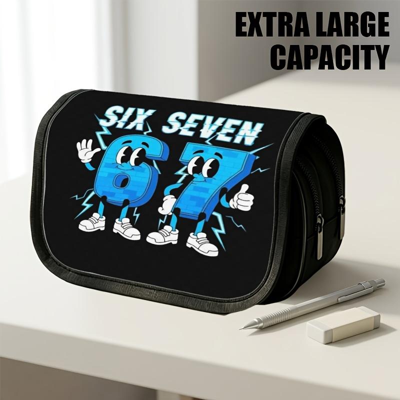 1pc Double Layer Flip Pencil Case, Blue Number Friends, Large Capacity, Portable Polyester Pen Storage Bag with Zipper Closure, Ideal for School & Off