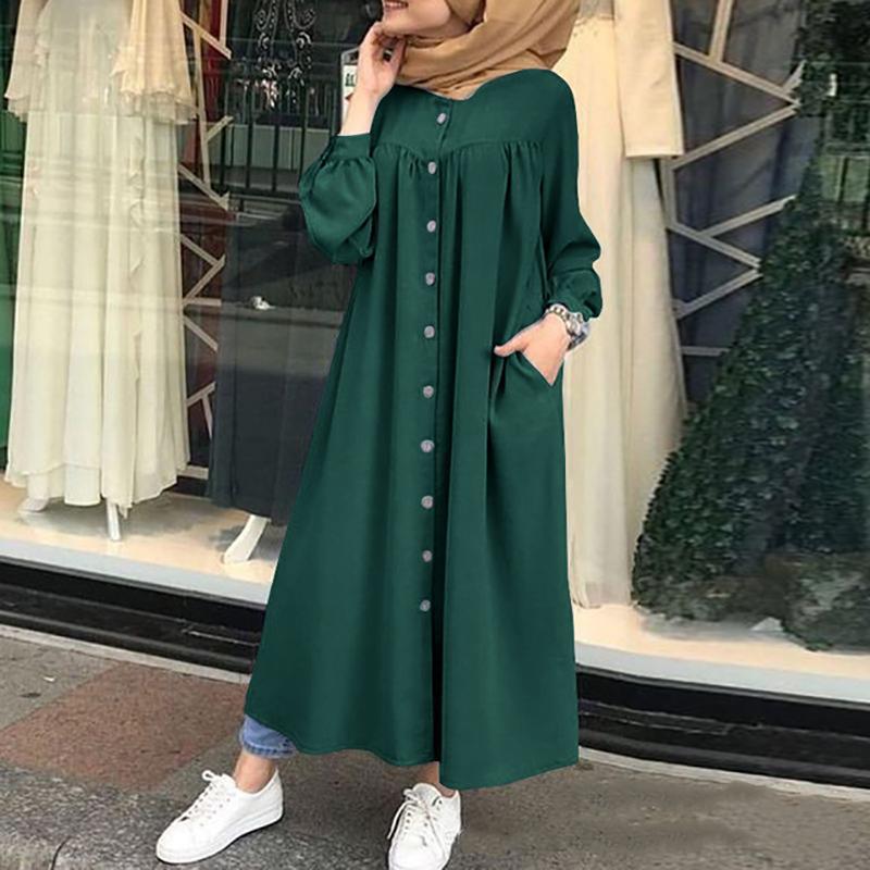 Musulmani Vestiti Abiti da donna Camicia a maniche lunghe in tinta unita Abito Tasca casual Abito Musulman Dubai Abiti musulmani caftano musulmano