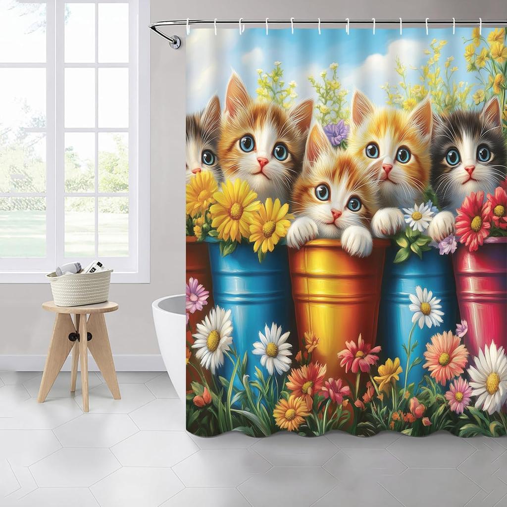 Cute Cat Shower Curtains Funny Animals Spring Daisies Flower Plants Pet Kitty Pattern Print Bathroom Decor Polyester Fabric