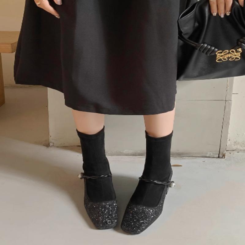 Fashion Women's Chunky Single Shoes Fall New Square Head Shallow Mouth Sequin Cloth One Line Buckle Soft Sole Non-slip Low Top Shoes