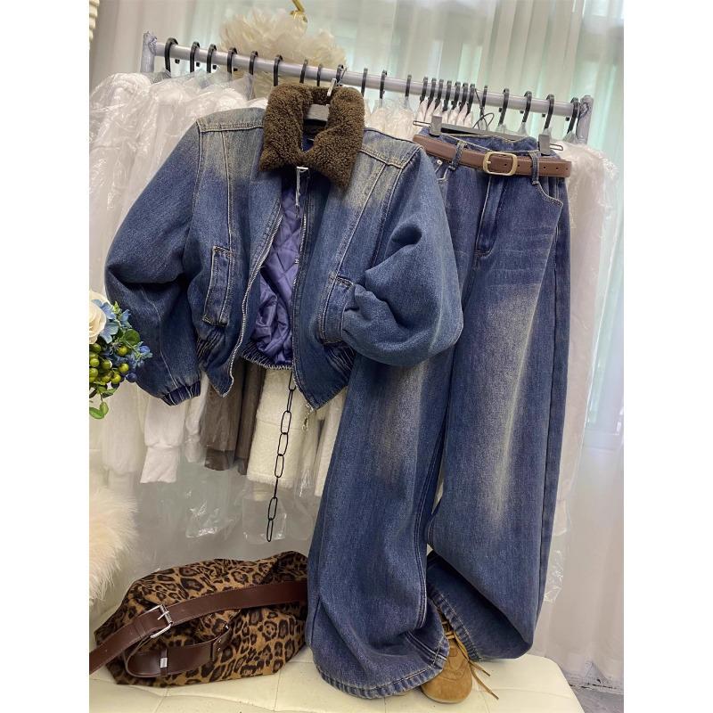 2025 Winter Women's Retro Hong Kong Style Fur Collar Denim Jacket & Wide Leg Pants Set