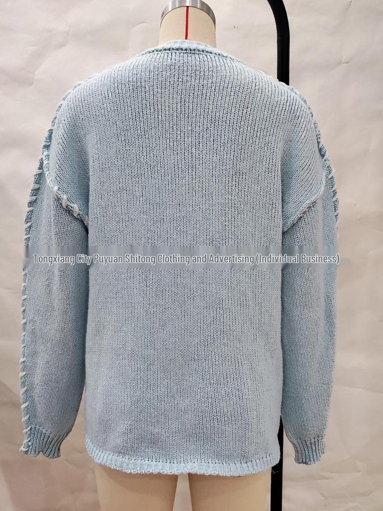 Women's Solid Color Round Neck Long Sleeve Knit Sweater with Drawstring - European & American Style