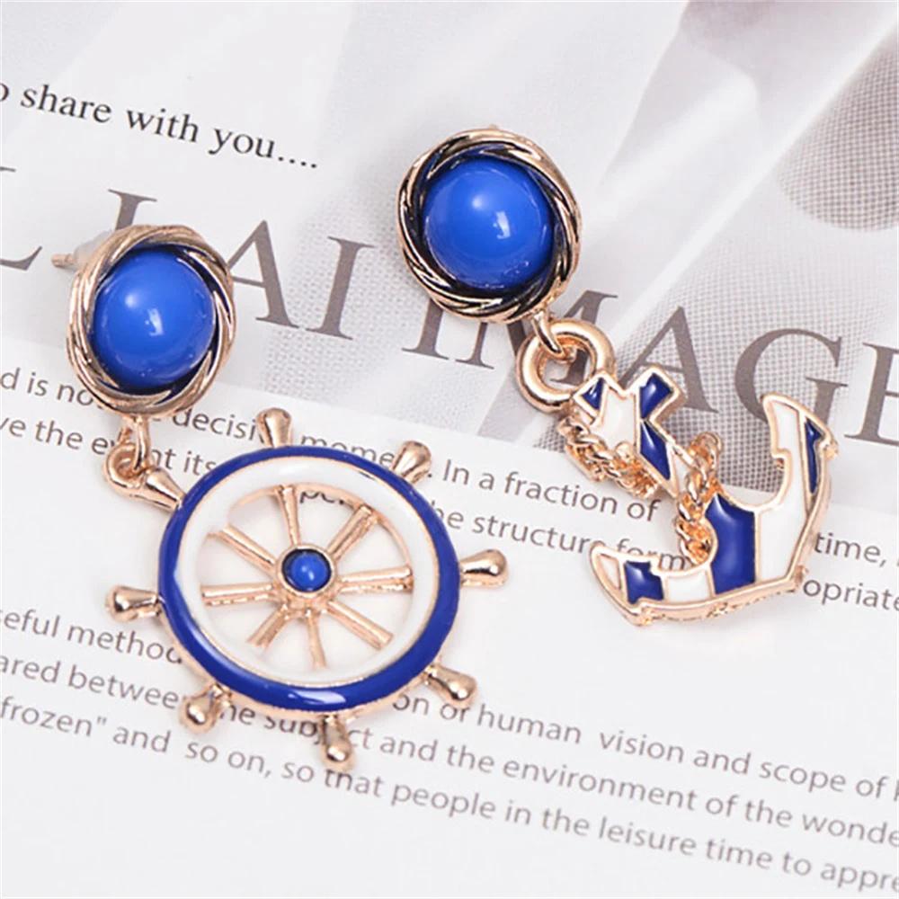 Fashion New Jewelry Blue Enameled Stone Gold Color Chain Tredny Wheel Nautical Anchor Earrings for Women Gifts