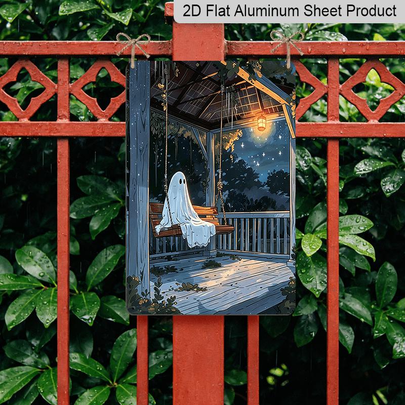 2D Flat, 1pc Decorative Sign & Plaque, Halloween Cartoon Ghost Swing Aluminum Sign, Halloween Wall Decor for Haunted House, Party, Home, Bathroom