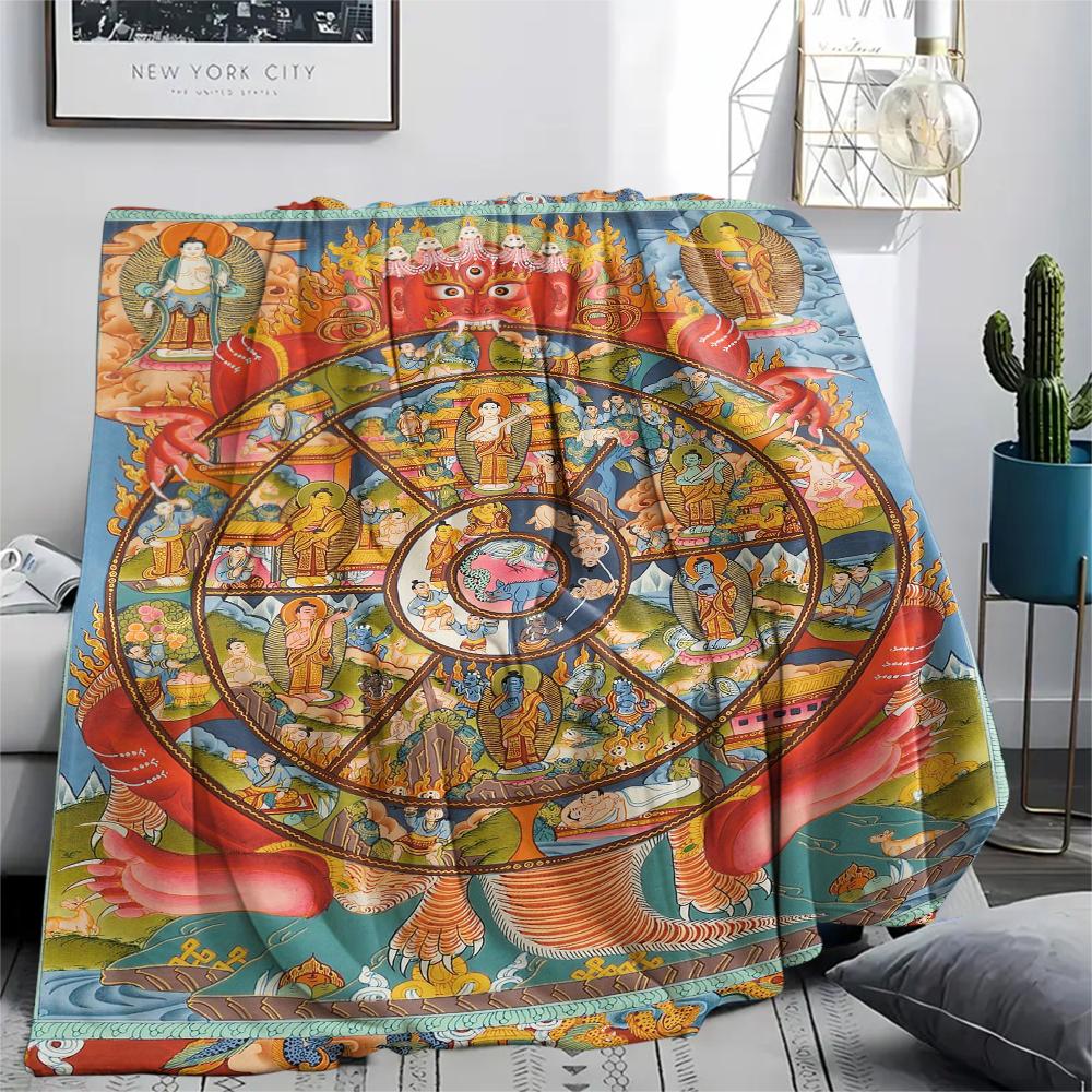 1Pc Buddhism Wheel Print Flannel Blanket, High quality Comfortable for All Seasons, Home Decor, Warmth and Comfort, Perfect for Christmas Gifts