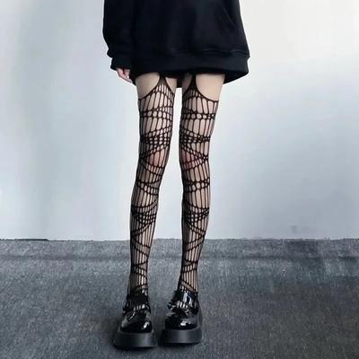 Hollow Out Fishnet Stockings Women Fashion Lolita Gothic Girls Halloween Black Tights Garter Over Knee Socks Sheer Pantyhose