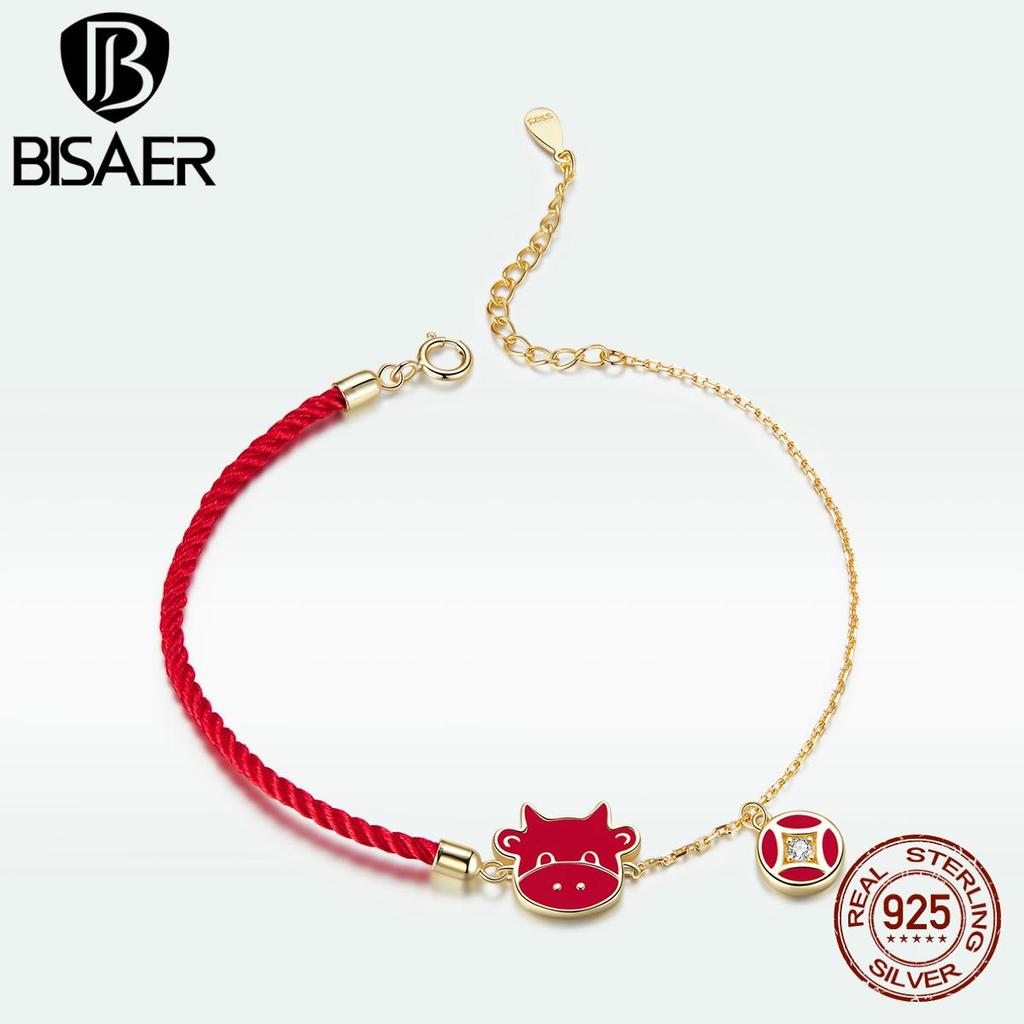 Bisaer Pulseira de bezerro da sorte 925 prata esterlina corda vermelha e corrente de cor dourada pulseiras de moda feminina joias presente