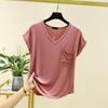 Women's Loose Casual V-neck Pocket Short Sleeved T-shirt For Summer Thin Cut Single Top Solid Color Inner Layer Bottom Layer