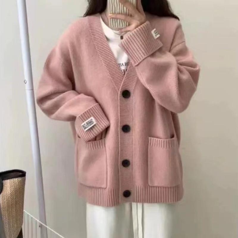 Ny retro strikket cardigan for høst og vinter i koreansk stil, løs og slankende med oppbrettede ermer, myk og myk genserjakke for kvinner