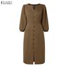 ZANZEA Women Casual V-Neck Solid Color 3/4 Sleeve Retro Dress