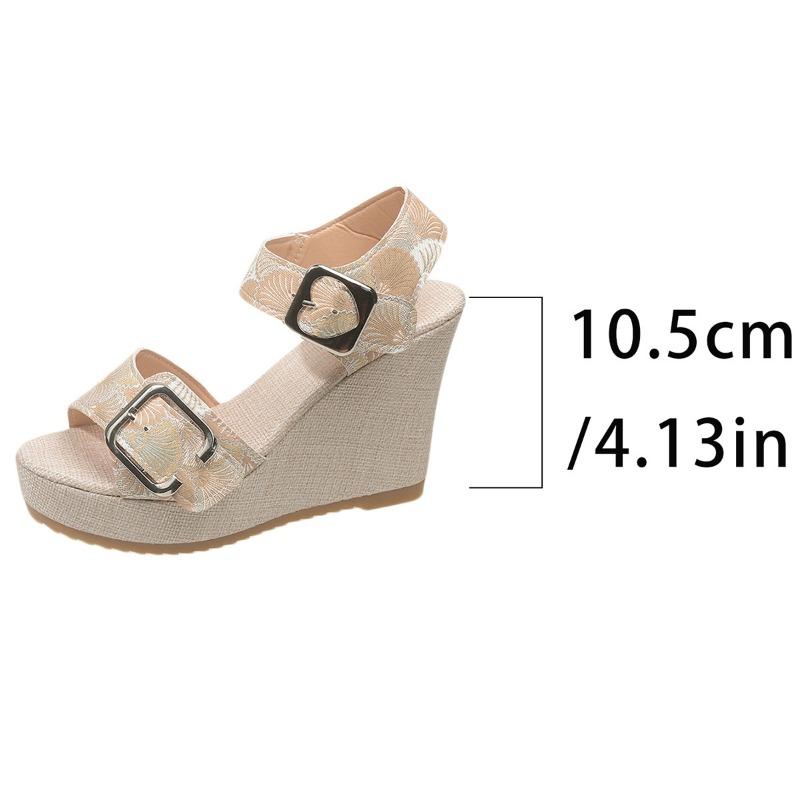 Spring and summer new buckle fashion wedge sandals printed muffin thick-soled fish mouth sandals women
