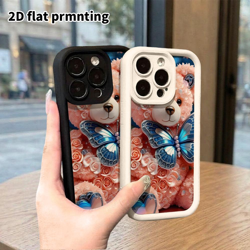 Phone Case: 2D flat design suitable for iPhone 18 17 16 15 14 13 Pro stepped protective case, rose carved pink bear, Christmas and Halloween gift