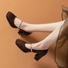 New Retro Square Toe High Heels With Metal Strap; Shallow Mouth Velvet Thick Heel Versatile Single Shoes For Skirts Heels Women