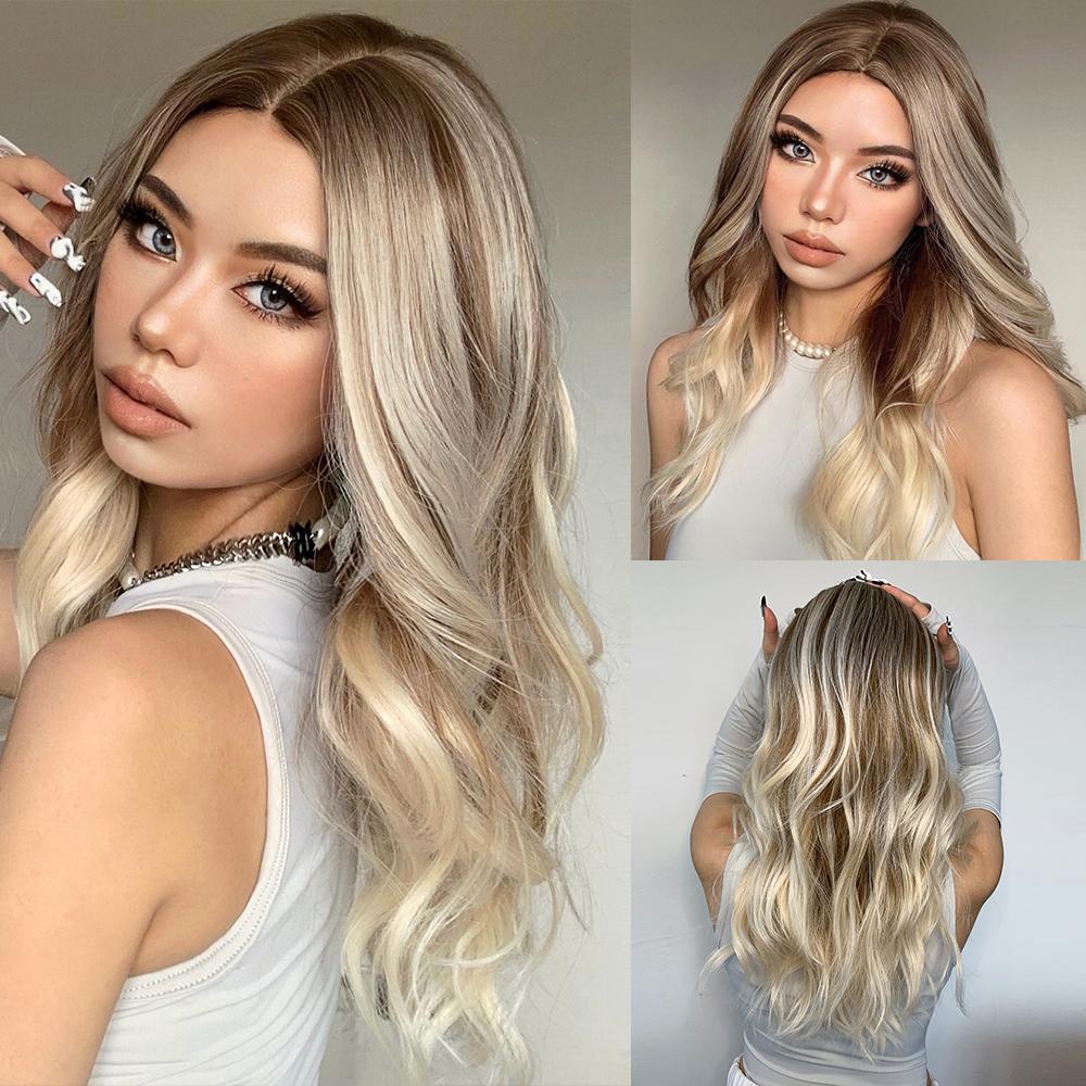 HAIRCUBE White Platinum Mixed Brown Synthetic Wigs Long Wavy Natural Hair Wigs for Women Middle Part Daily Heat Resistant Wigs