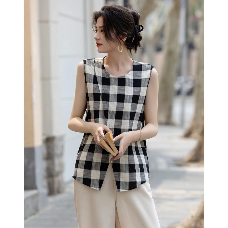 Demana Women's Retro Plaid Sleeveless Cotton Shirt
