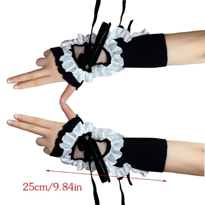 Lolitas Crinkled Hollow Out Gloves Satins Lace Ribbon Adjustable Wrist Sleeves For Women Party Fashion Accessories
