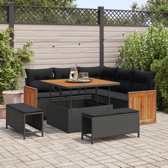 Ensemble de canapé de jardin 8 pièces avec coussins en poly rotin noir et acacia 3363294