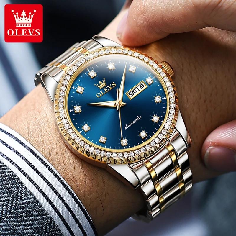 OLEVS Men's Watch Luxury Brand Diamond Automatic Mechanical Watch Stainless Steel Waterproof Calendar Business Men's Watch