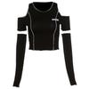 2KWEIRD Patchwork Black T-shirts Gothic Off Shoulder Sleeve Y2k Crop Tops Ruffles Hem Hip Hop Techwear Women Tees Fashion