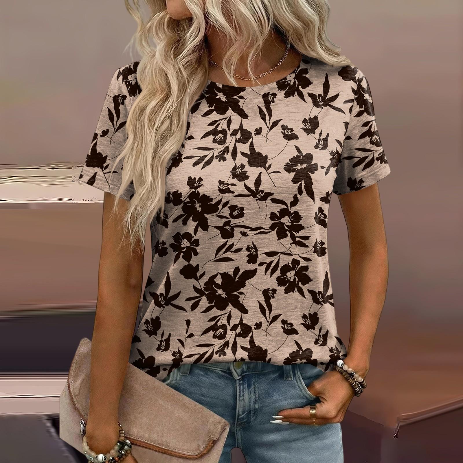 

Floral Print Short Sleeve Top for Women Casual Crewneck Tee Spring Blouses for Women 2026 Womens Spring Clothes 2026 Trending Tops for Women 2026 L