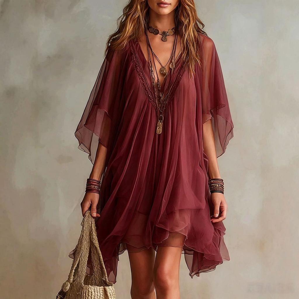 Robe Chiffon Couleur Col en V pour Femme - Vacances à la Plage, Tenue d'Été Décontractée