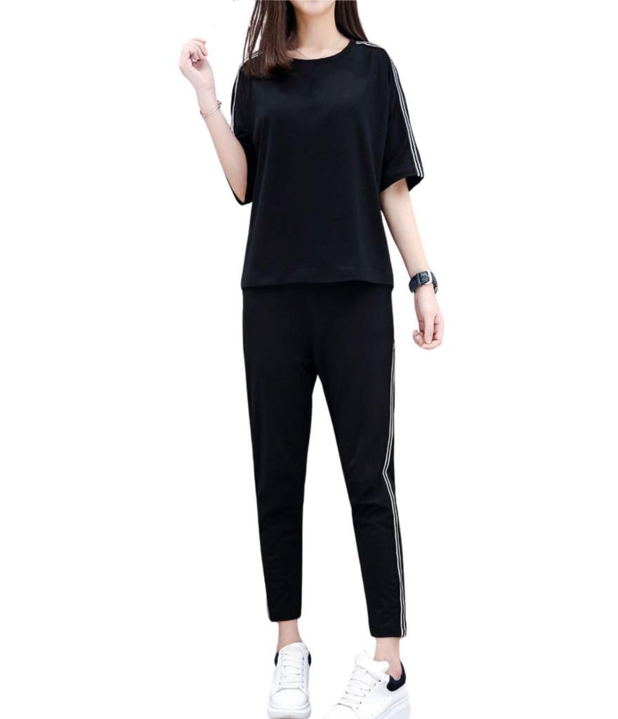 BT47 Sporty Top and Bottom Pants and Short Slim Solid Fall B-Talk Set, T-Shirt, Sleeve, Running, Yoga, Loungewear, Women's, Stylish, Fit, Stretch,