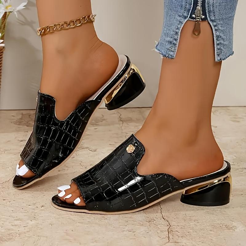 [Crocodile Sandals] Black Faux Crocodile Pattern Wedge Sandals | Women's Peep Toe with Golden Accent, Casual Slip-On Heels for All Seasons