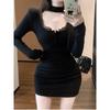 Neck Lace Dress Women's Spring Pure Desire Sexy Hip Skirt Semi-turtleneck Shoulder Pads Velvet Bottoming Skirt