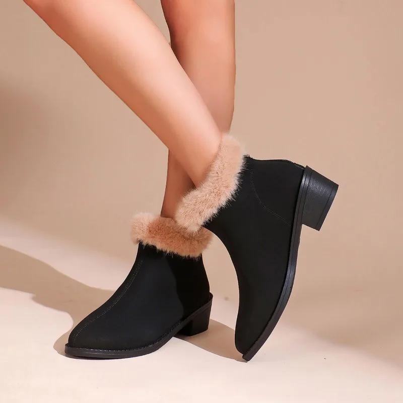 

2024 обувь высокого качества, женские женские ботинки на молнии сзади, новые короткие плюшевые повседневные ботинки, женские пикантные теплые ботильоны на квадратном каблуке