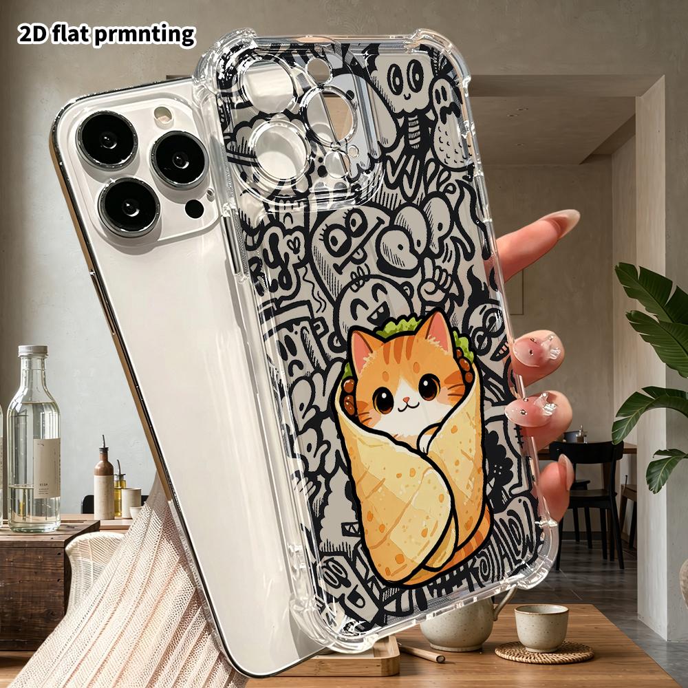 Phone Case: 2D Flat Suitable for iPhone 18 17 16 15 14 13 Pro, Transparent Four Corner Protective Case, Rolled Pancake Orange Cat, Christmas and Hallo