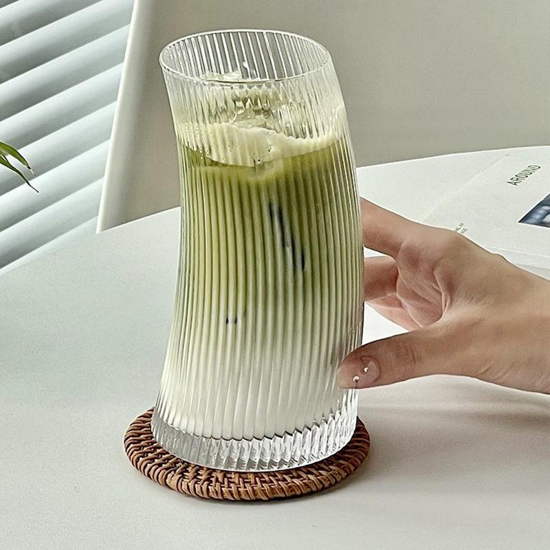 350ml/480ml Modischer Halbmond-Stil Glasbecher Geripptes Klares Glas Milch Wasser Saft Kaffee Tee Tassen Cocktail Biergläser
