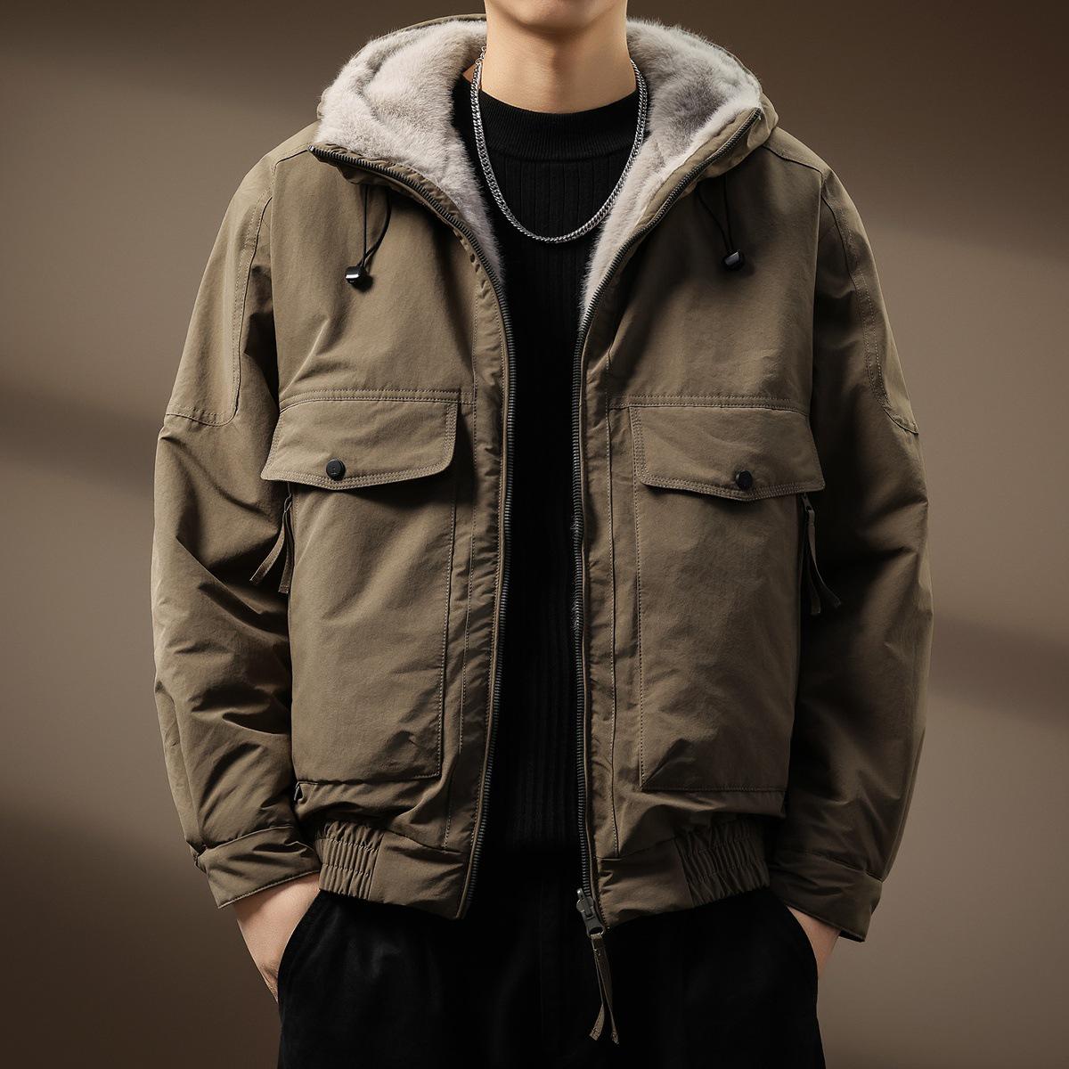 

Men s American Style Reversible Plush Hooded Cotton Jacket - Casual Winter Coat with Big Pockets 3XL (190-210 jin) кавовий