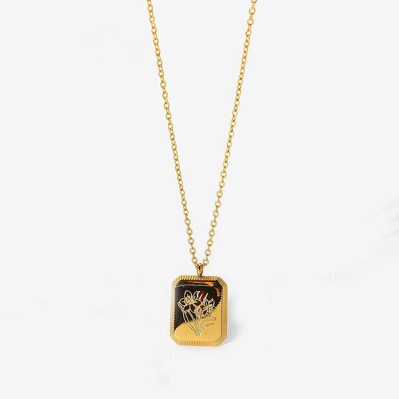 

Ожерелье из нержавеющей стали с золотистым покрытием 18 карат с цветком месяца рождения для женщин - Декабрь, квадратная подвеска