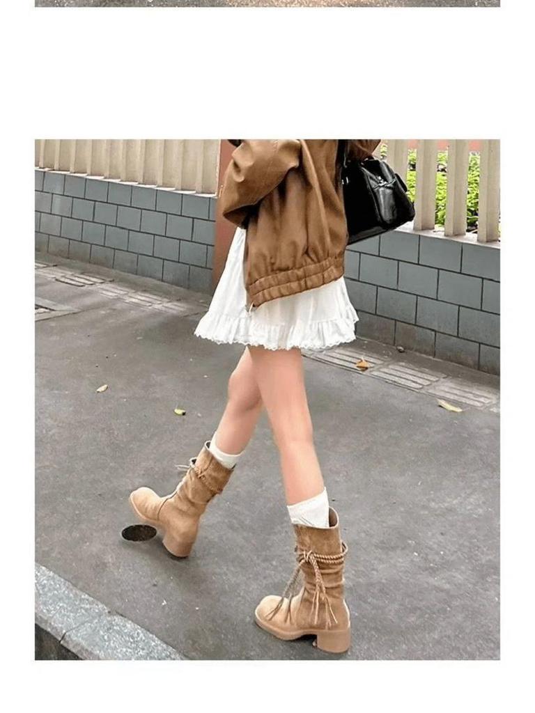 Buty rycerskie z frędzlami Wasteland: Jesień 2025 Botki Kowbojskie z Miękkiego Zamszu na Grubym Obcasie do Połowy Łydki z Wycięciem w Serek