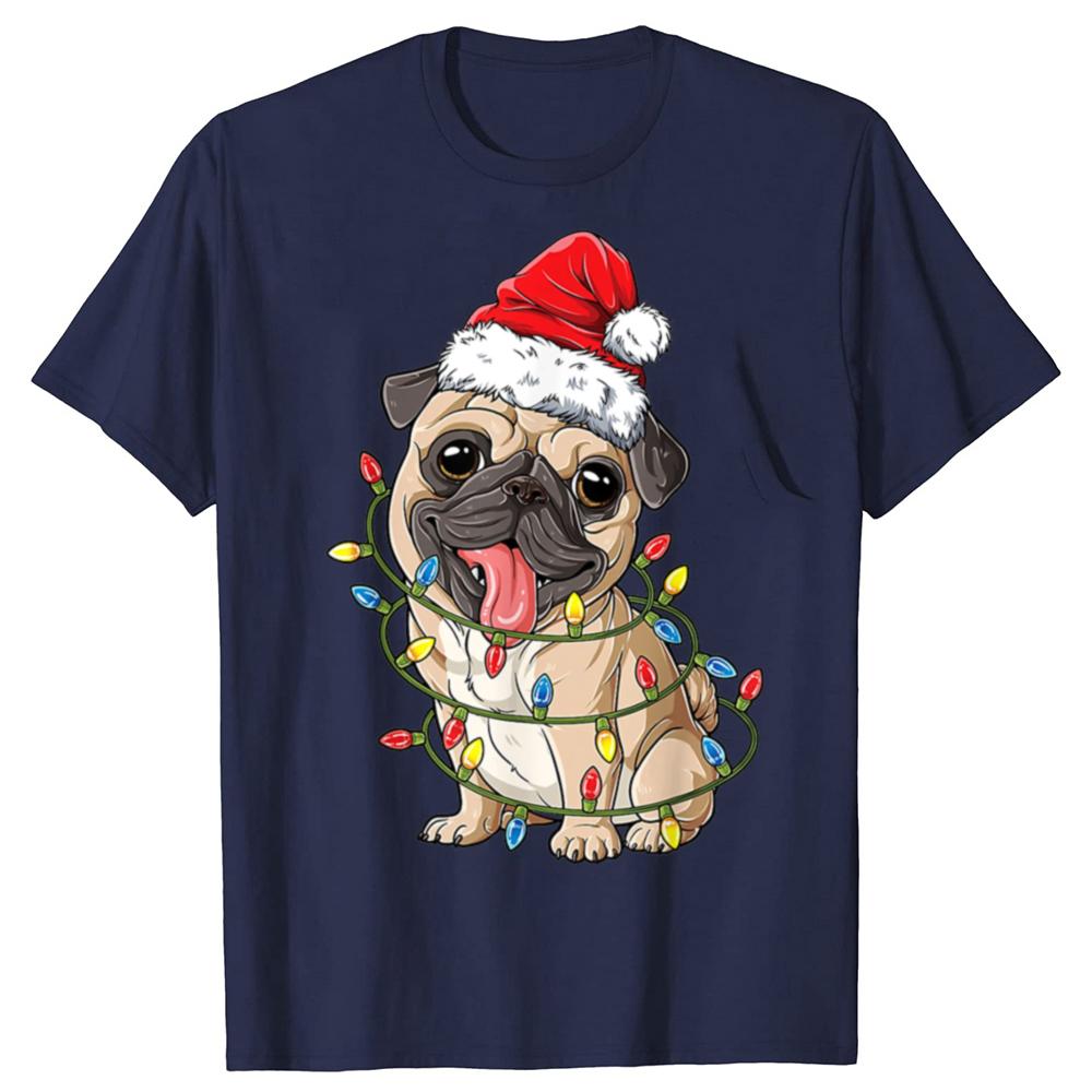 Christmas Pug With Christmas Lights Santa Hat Xmas Pug Dog T Shirt Mens Cotton Oversized Printing T Shirts Harajuku Tshirt