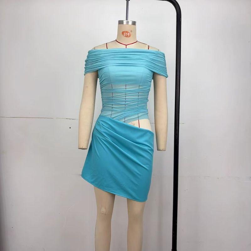 

Fashion New Arrival Sexy off-the-Shoulder Mesh Patchwork Waist-Baring Dress Sexy Pleated Mesh Dress Sky Blue L