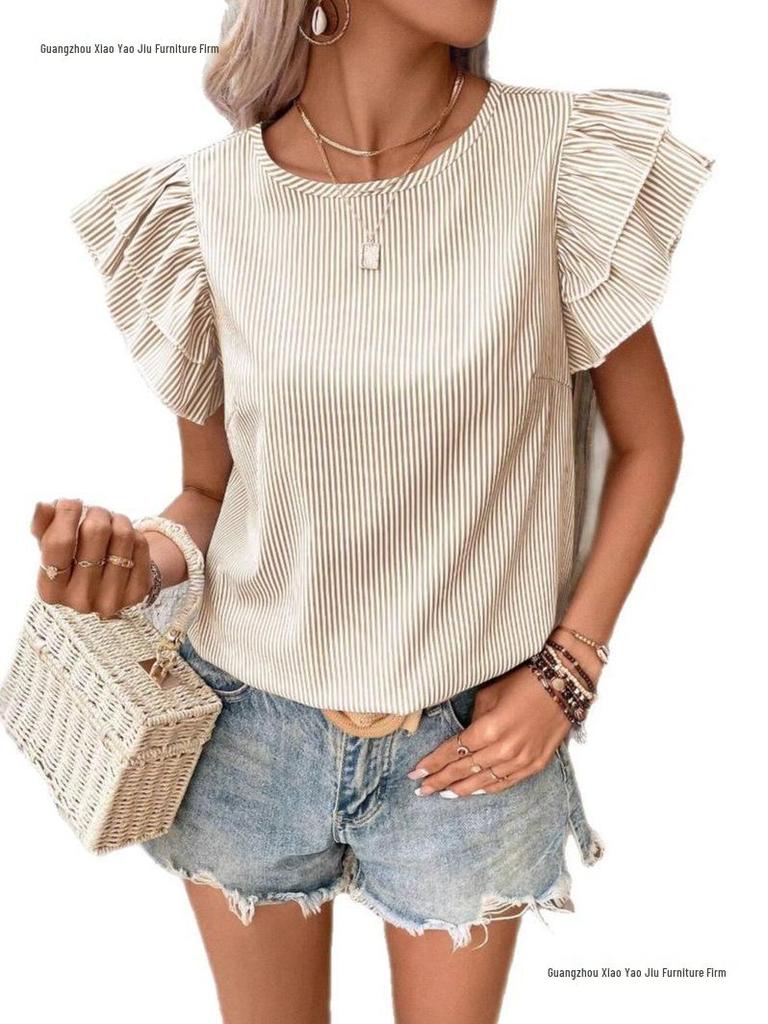 2026 European & American Summer Women's Striped Ruffle Sleeve Top