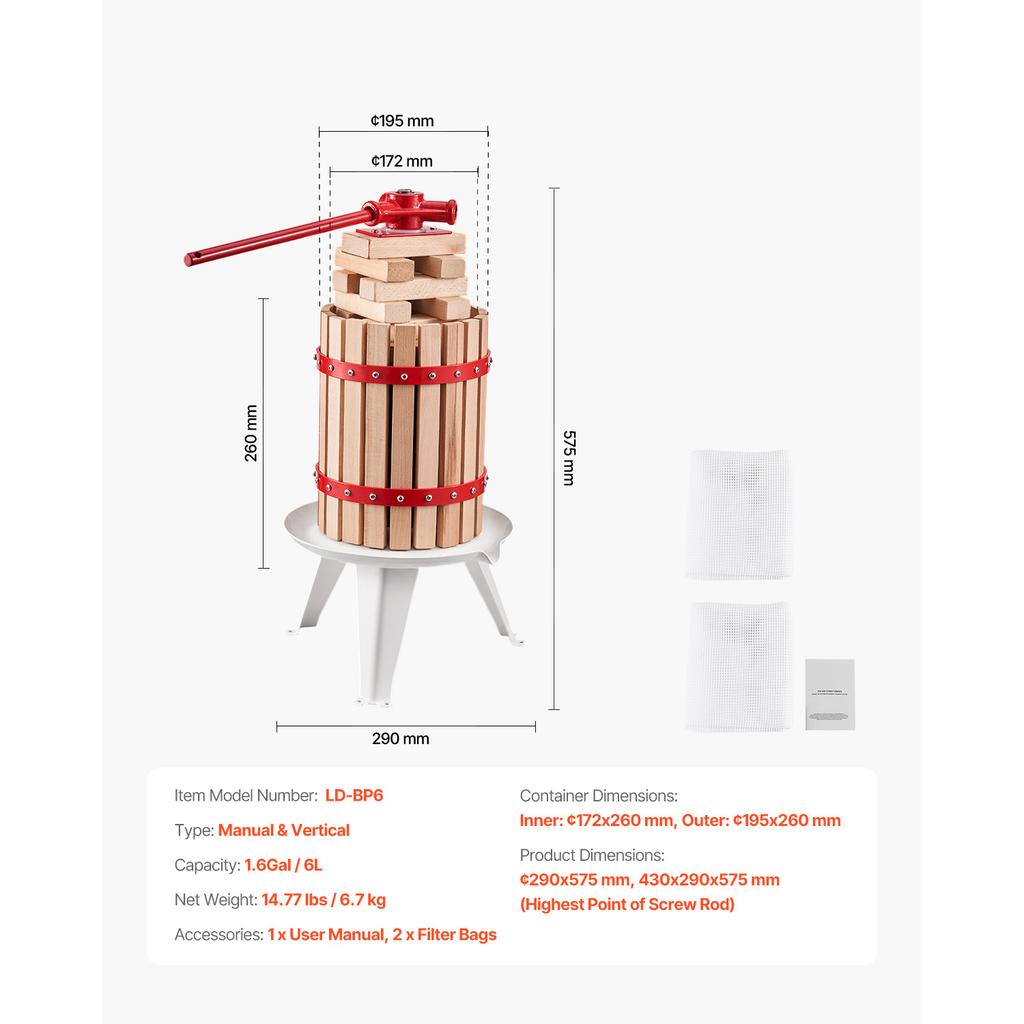 SucceBuy Prensa para Vino de Frutas de 6L 12L Cesta de Madera Maciza con 8 Bloques Prensa Manual Resistente para Hacer Jugo Sidra Manzana Uva