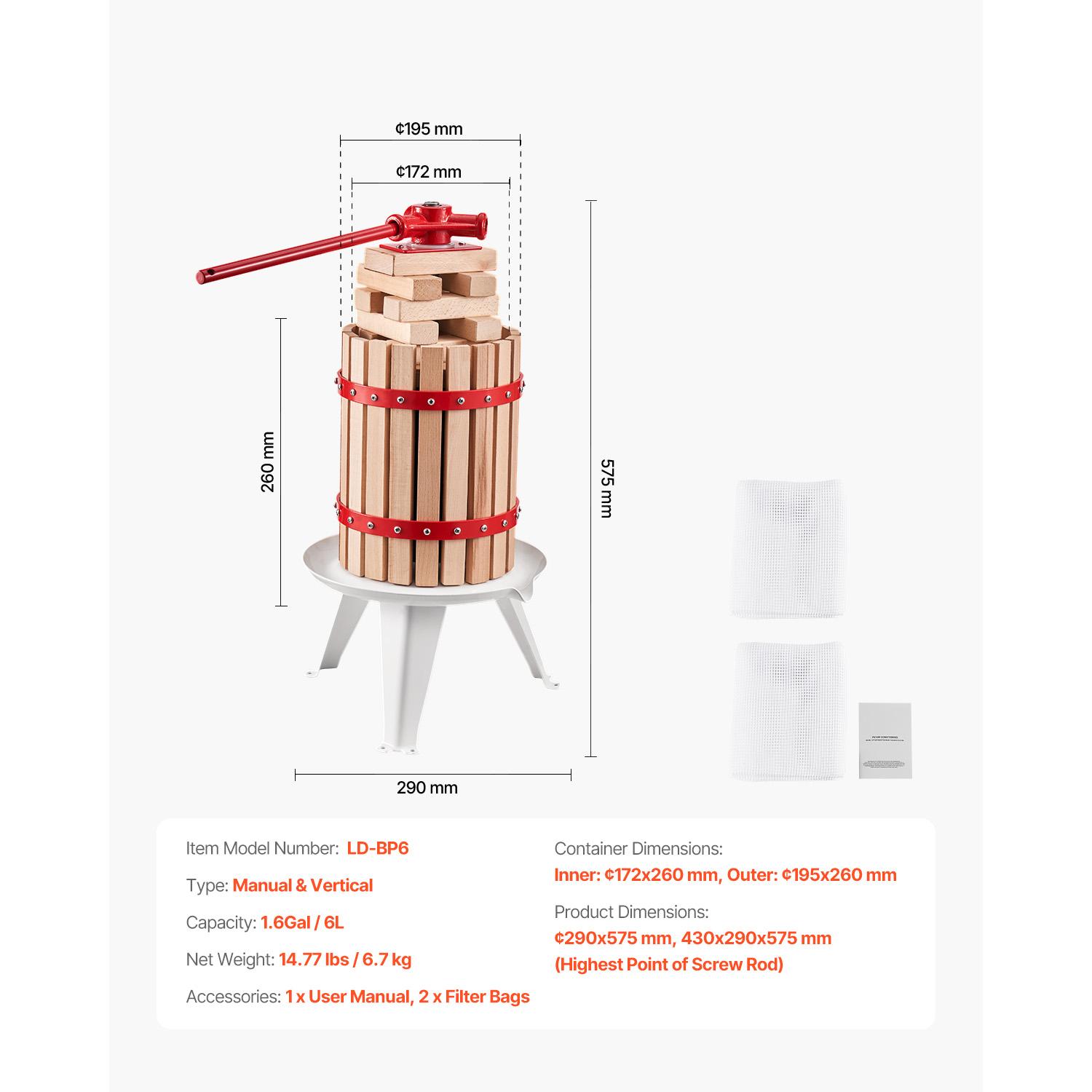 SucceBuy 6L 12L Fruit Wine Press Solid Wood Basket with 8 Blocks Heavy Duty Manual Juice Maker Cider Apple Grape Making Press 6L