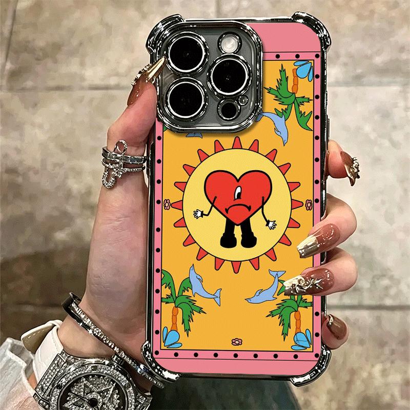 Bad Bunny Heart Plating Phone Case For Iphone 16 17 Pro Max Air 16E 14 15 Plus 12 13 Mini Anti-Fall Airabag Cover