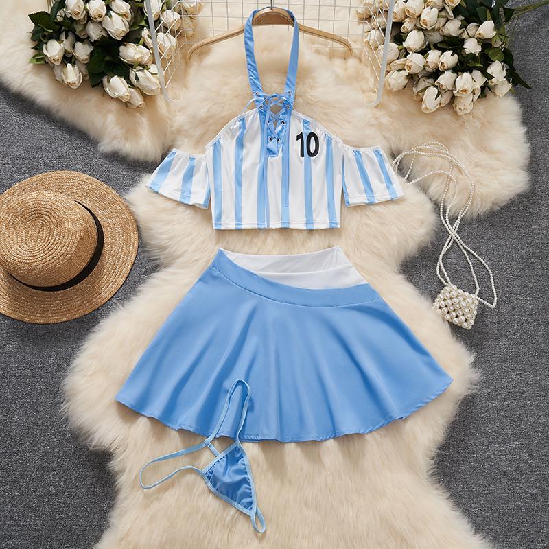 Bow Splicing Lace Edge Y2K Grid Lace-up Neck-mounted Top Sets Women Clothes Block Color Sexy Hot Sweet Mini Skirt Suits Lingerie