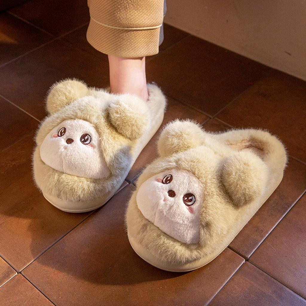 Winter Home Warm Baotou Cotton Slippers Girl Heart Cute Plush Bear Soft Bottom Slippers.